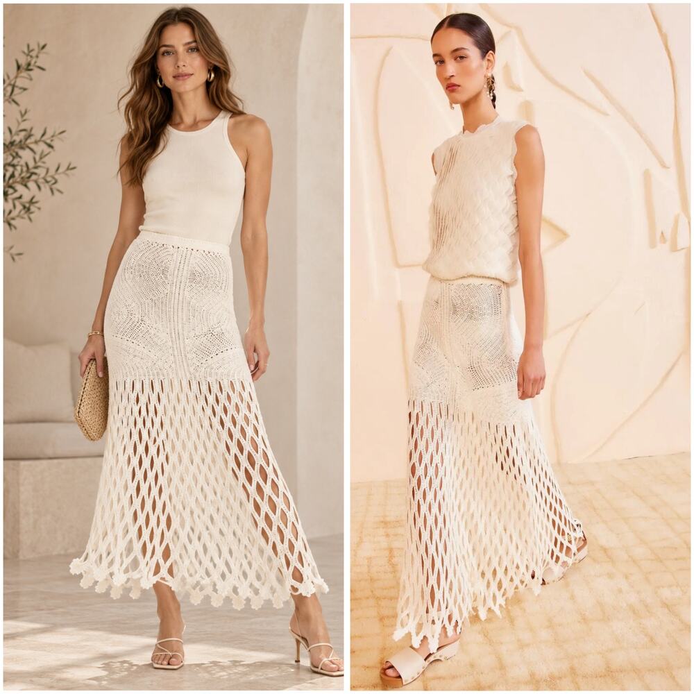 Ulla Johnson Kalista Handmade Crochet Knit Midi Skirt Cowrie M/L NWT
